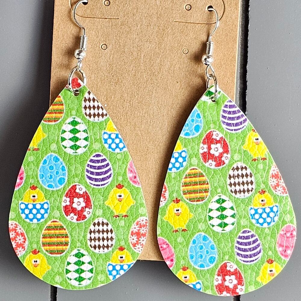 Easter Egg Chick Earrings Faux Leather Green Teardrop  2.89" Dangle Lightweight